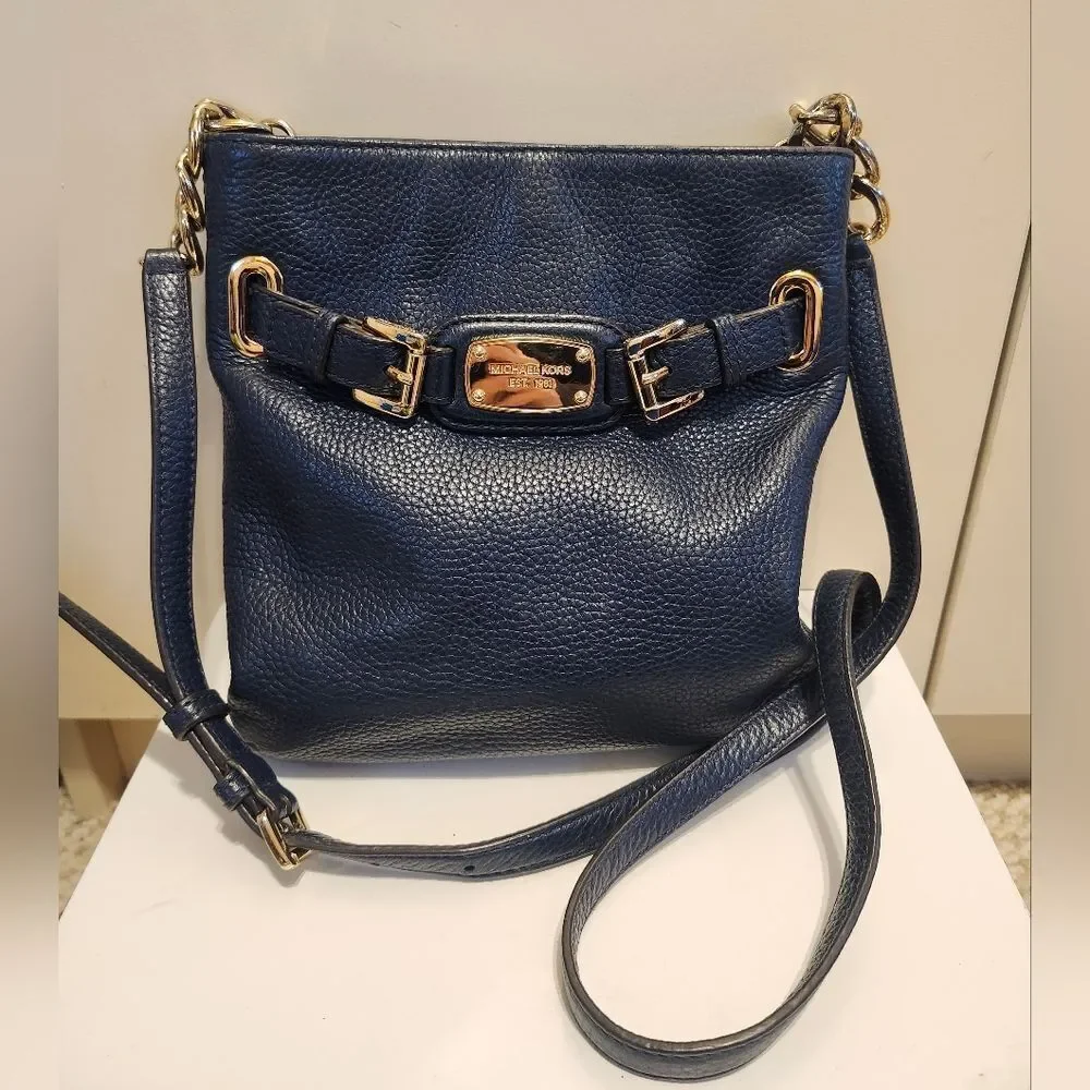 Michael Kors “Hamilton” Navy Blue Pebbled Leather Crossbody Bag Ret.$298